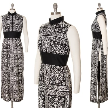 Vintage 1960s 1970s Dress | 60s 70s Mosaic Tile Geometric Printed High Open Side Slits Psychedelic Black White Tunic Maxi (small/medium) 