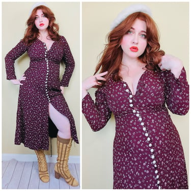 1990s Vintage Maroon Lace Up Back Midi Dress / 90s Rayon Button Through Long Sleeve Dress / Size Large 