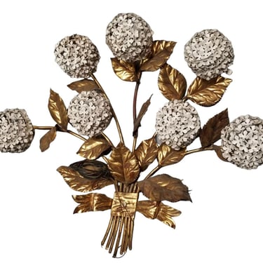 Mid Century Hydrangea Flowers Brass Wall Sconce Art Sculpture 