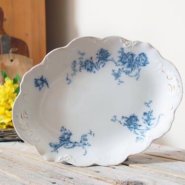Antique blue and white transferware ironstone platter  / Johnson Bros Neapolitan pattern plate / vintage floral ironstone serving plate 