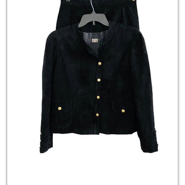 Le Crillon 90s Vintage Black Gold Buttons Suede Leather 2 Piece Jacket & Skirt Set Rare Size 10 