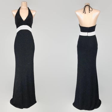 VINTAGE 90s Black and White Sparkly Long Gown Prom Dress by Blondie Nites Jaslene Sz 7 | 1990s Formal Party Dress | VFG 