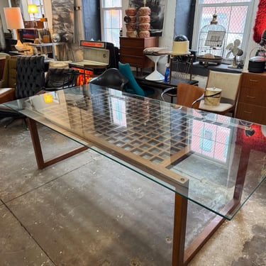 Mid-Century Modern Glass Top Dining Table, Walnut Lattice Base 