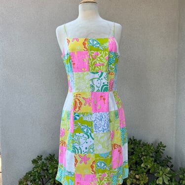 Vintage Lilly Pulitzer Sun dress neon pastels tropical patchwork spaghetti straps Sz 10 