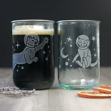 Recycled Glass Cup - Astronaut Space Cats eco glass tumbler for drinking or candles 