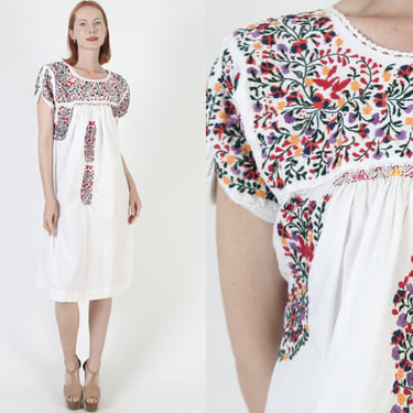 Traditional White Oaxacan Maxi Dress Cotton Embroidered Mexican Caftan Womens Pueble Frida Sundress 