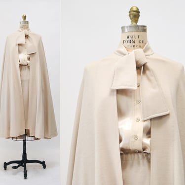 70s 80s Vintage Neutral Tan Taupe Wool Cape Poncho  // 70s Vintage Cape Wool Jacket Coat Penny Lane 70s Jacket Tan Long Cape and skirt Suit 