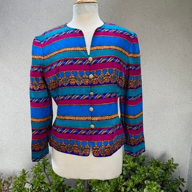 Vintage preppy silk jacket top blue burgundy stripe design size 14P by Adrianna Papell 