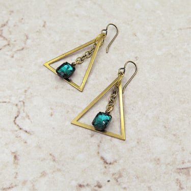 Emerald Green Triangle Earrings, Holiday Gift for Her, Green Rhinestone Earrings, Geometric Jewelry 