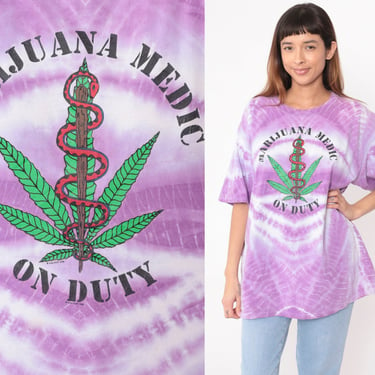 90s Tie Dye Weed Shirt Marijuana Medic On Duty California Stoner T-Shirt Graphic Tee Joke Tshirt Purple Hippie Vintage 1990s Extra Large xl 