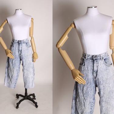 1980s Blue and White Acid Wash High Waisted Denim Capris by Pure Jeanswear -Size 16 