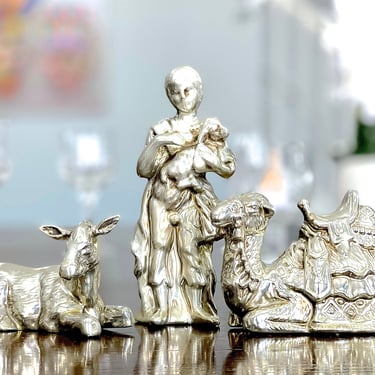 VINTAGE: Silver Ceramic Shepherd, Donkey and Camel Figurines - Nativity - Manger - Nativity Figurines - Nativity Replacement - SKU 
