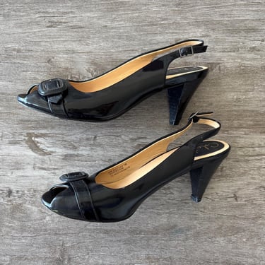 VTG Cole Haan Heels Black Slingback Open Toe Patent Leather Buckle Womens US 7 Corpcore 