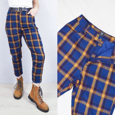 High Waisted Check Pants Tartan - Capri Trousers Carrot Leg Tapered - Navy, Purple & Yellow 