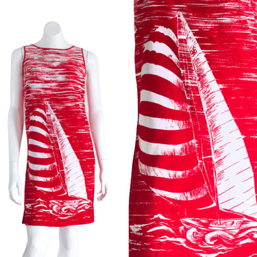 Vintage 1960s Red Dress with Sailboat Print 