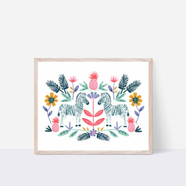 Folk Zebras With Pineapples Floral Illustration/ 8 X 10 Jungle Flowers Animal Art Print/ Tropical Wall Decor 