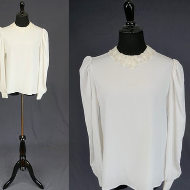 80s White Blouse - Sequined and Beaded Collar - Gathered Sleeves - Buttons Down Back - Vintage 1980s - M 42