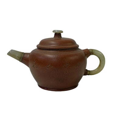 Chinese Zisha Clay Brown Jade Stone Handle Teapot Display Art ws265E 