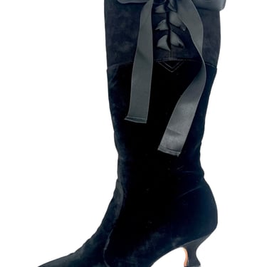 Manolo Blahnik Black Velvet & Suede Lace Up Knee High Boots, 35