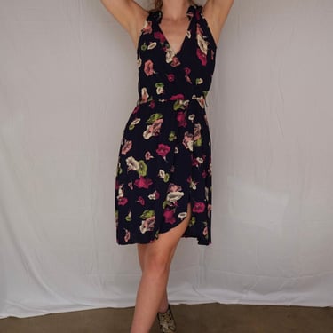 70s Wrap Dress / Summer Rayon Flutter Dress / Garden Party Bridesmaid Dress / Frilly Floral Dress / Deadstock Navy Blue Floral Dress 