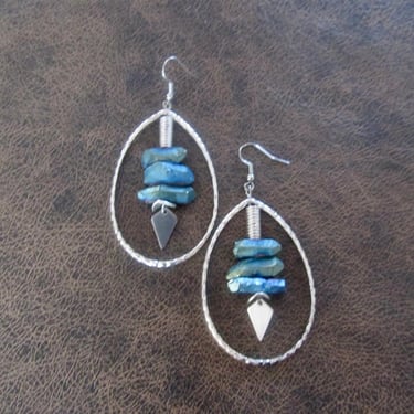 Raw quartz teal crystal earrings, rustic boho silver unique earrings, geode natural bohemian hoop 