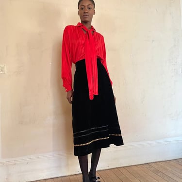 1970s Chloé by Karl Lagerfeld skirt, black silk velvet with trims at bottom 