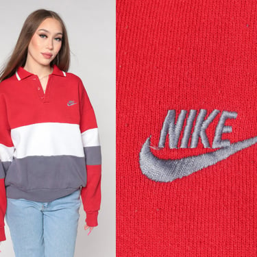 90s Nike Sweatshirt -- Color Block Grey Red Sports Shirt Nike Spellout Polo Shirt 1990s Streetwear Striped Vintage White Button Large L 