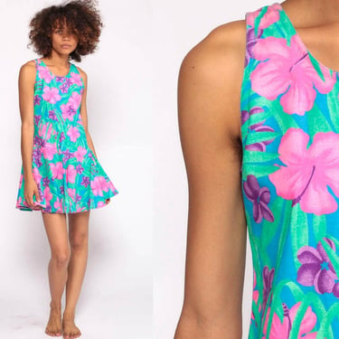 Tropical Floral Dress 80s Mini Summer Bohemian Sundress Hot Pink Hibiscus Hawaiian Drop Waist Vintage 1980s Sleeveless Extra Small xs xxs 