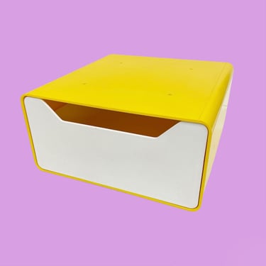 Vintage Desk Organizer Retro 1980s Contemporary + Yellow and White + Square Shape + Single Drawer + Tabletop Storage + Home and Office Decor 