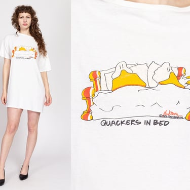 One Size 80s "Quackers In Bed" Duck Cartoon Pajama Mini Dress | Vintage John Baron White Sleep Shirt 