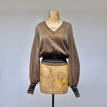 Vintage 1970s Adri Glam Rock Lurex Knit Pullover, 70s Metallic Gold and Black Voluminous Long Sleeve Designer Sweater, Small-Medium 