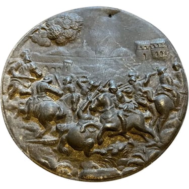 1700's Antique Small Continental Zinc Bas Relief Cavalry Battle Scene Round Plaque 