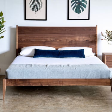 Ready To Ship -King Size Platform Bed / Mid Century Modern Solid Walnut Bed Frame / Modern Shaker style - Bed No.4 tall Headboard 