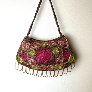 90’s floral beaded hand bag~ colorful floral pattern~ fully embellished glass beading hand bag~ special occasion 