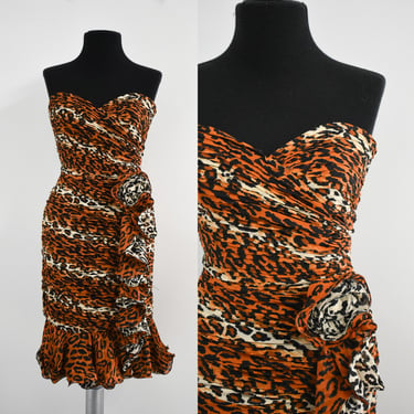 1980s Lillie Rubin Animal Print Ruched and Ruffled Cocktail Dress 