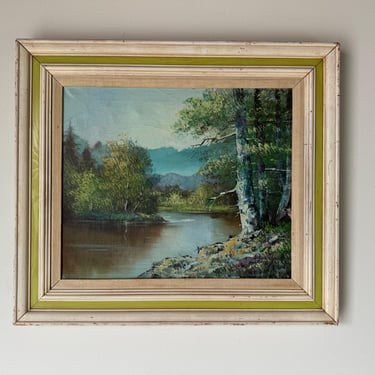 70's Vintage Rustic River Landscape Oil Painting, Framed 