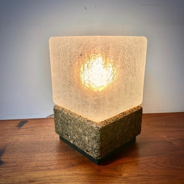 Mid Century Lamp / Glass & Cork Cube / Crackled Frosted Glass / Mood Lighting / Vintage MCM Coastal Boho 