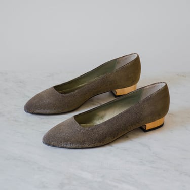 gold leather shoes | 80s 90s vintage shiny gold brown leather low heel flats size 6.5 