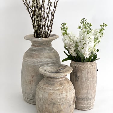 Rustic Wood Carved Vessel Vase 