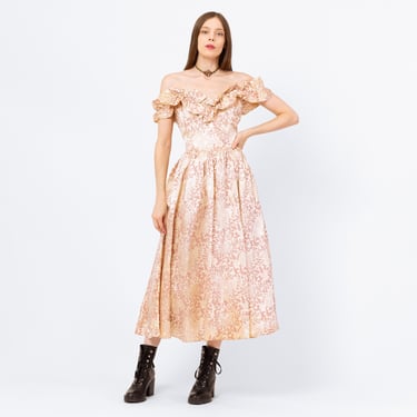 Vintage 80s Gunne Sax Floral Satin Midi Princess Gown, As Is - Medium | Pink & Champagne Off Shoulder Fit Flare Formal Dress 