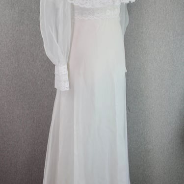 1970s White Organza Wedding Dress- Lace Bridal Gown- Boho, Bohemian, Prairie - Size XS/S 