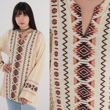 Aztec Embroidered Top 90s Hippie Shirt Cream Guatemalan Embroidery Top Mexican Blouse V Neck Long Wide Sleeve Boho Vintage 1990s Large xl 