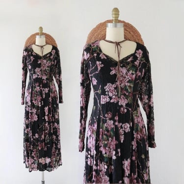 floral lace maxi dress - s - vintage 90s 1990s black dark flower long sleeve sheer womens size small boho goth grunge dress 