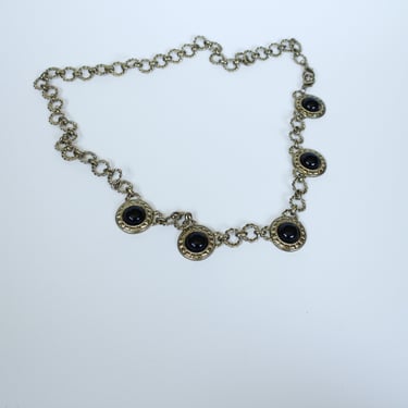 Vintage 70s Costume Jewelry Necklace - Gold Color with Black Plastic Stones - Lobster Clasp 