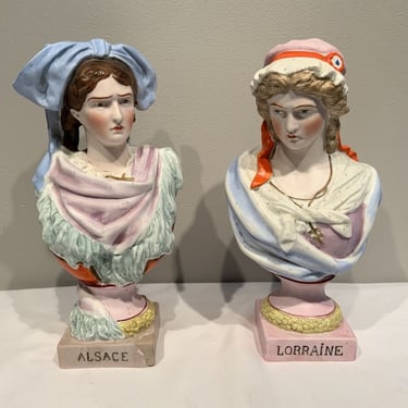 Antique Mauger and Letu French Bisque Porcelain Pair Female Busts, Alsace & Lorrain, 1800s sculptural busts, unique shelf art decor 