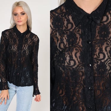 Black Lace Blouse Y2K Sheer Top Floral Shirt Long Bell Sleeve Button up Boho Goth Victorian Gothic Witchy Vampy Vintage 00s Extra Large xl 