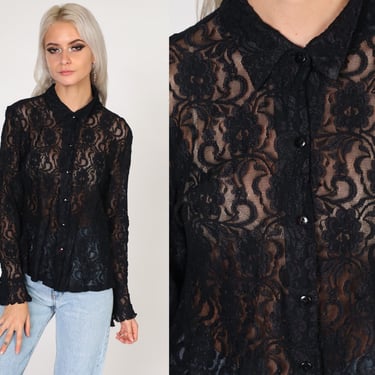 Black Lace Blouse Y2K Sheer Top Floral Shirt Long | Shop