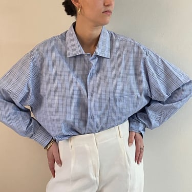 90s plaid shirt / vintage baby sky blue polished cotton windowpane plaid button down oversized boyfriend menswear collared shirt | X Large 