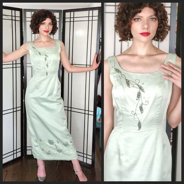 60s Pale Green Evening Dress Beaded Sequined Silk Smart Miss 
