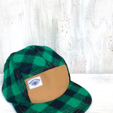 VT Green and Black Buffalo Check Handmade Wool 5 Panel Camp Hat, Plaid Baseball Cap, Moldable Brim with Black Plastic Snap Back 